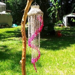Hanging Extra Large Two Tier Hot Pink & White Shell Wind Chime Chandelier 50" L
